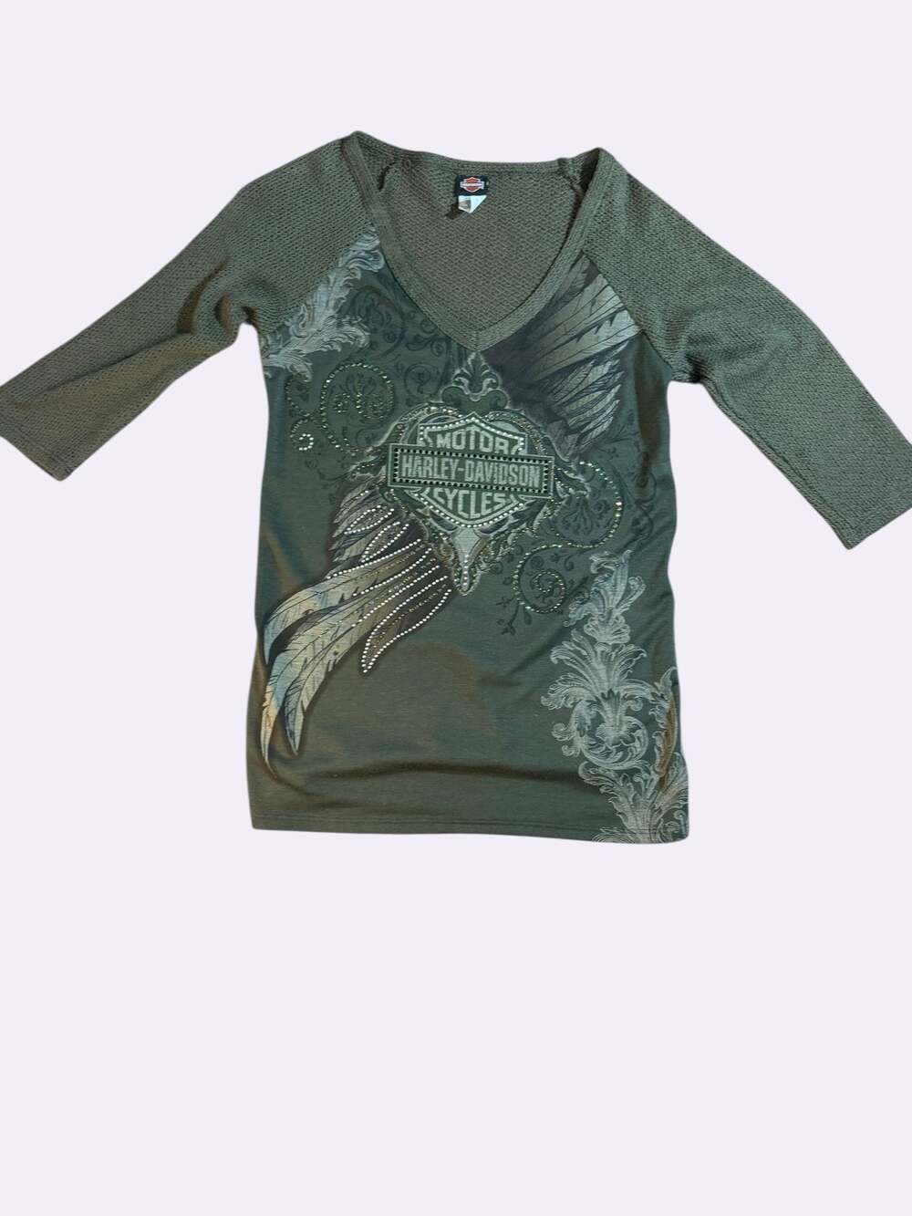 Harley-Davidson Women's Mixed Media Olive Green Rhinestone Wing Graphic Top